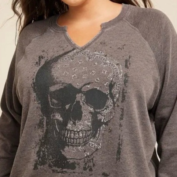 Tops - Goth Sweatshirt with V-neck cut Soft Stretchy Stonewashed Gray Jewel accent 3X